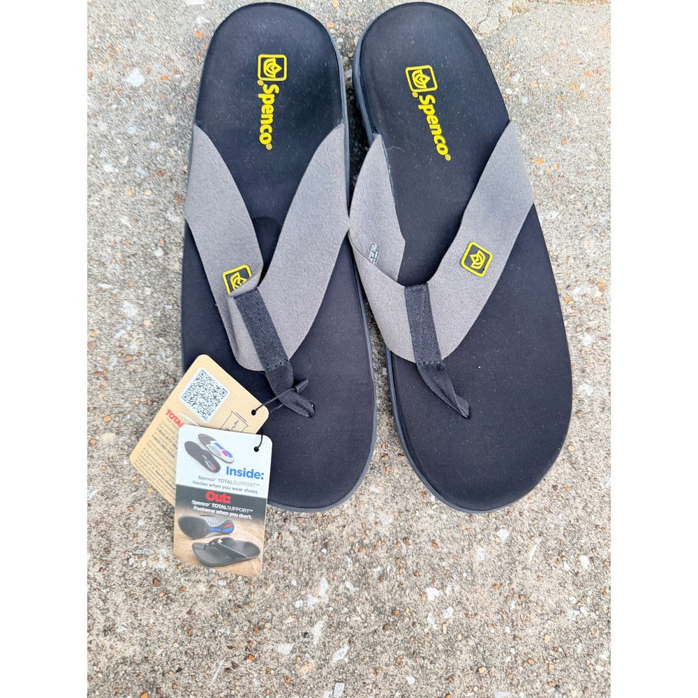 Spenco Mens 14 Total Support Yumi Orthotic Flip Flop Sandals Black Grey NWT